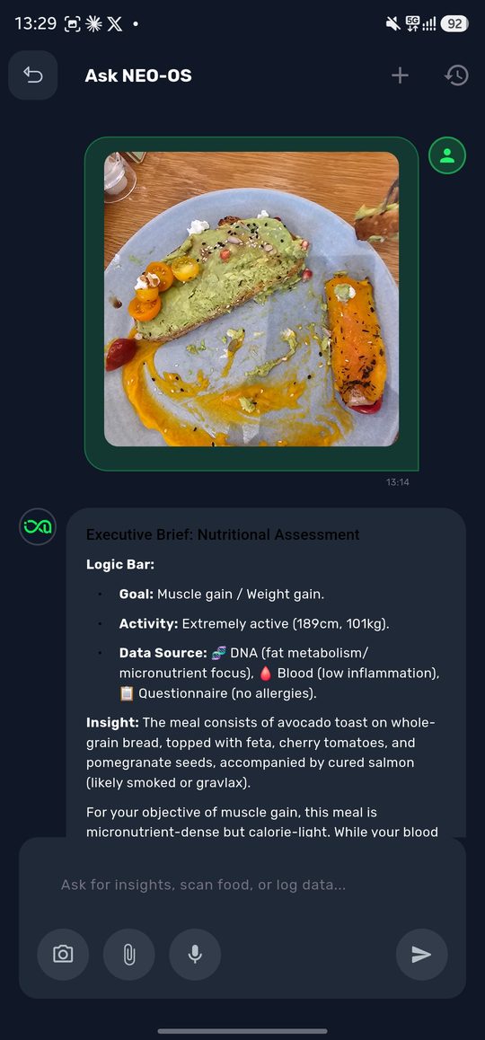 Ask NEO-OS reviewing a plated meal