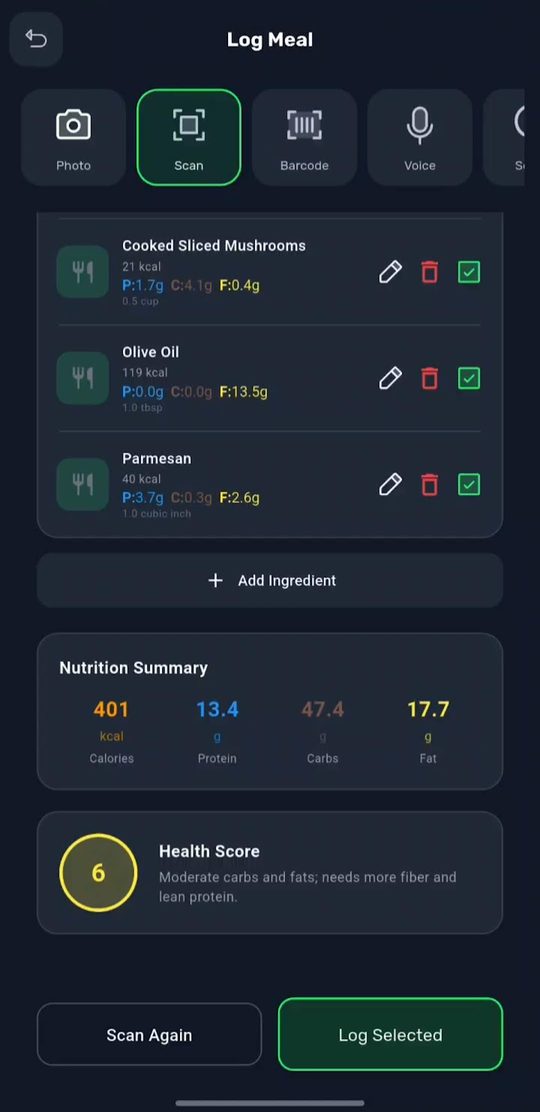 Detected ingredients with macros